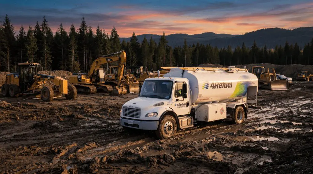 4Refuel mobile on-site refuelling truck servicing heavy construction equipment at a remote job site at dusk, with CAT excavators and bulldozers parked in the background.