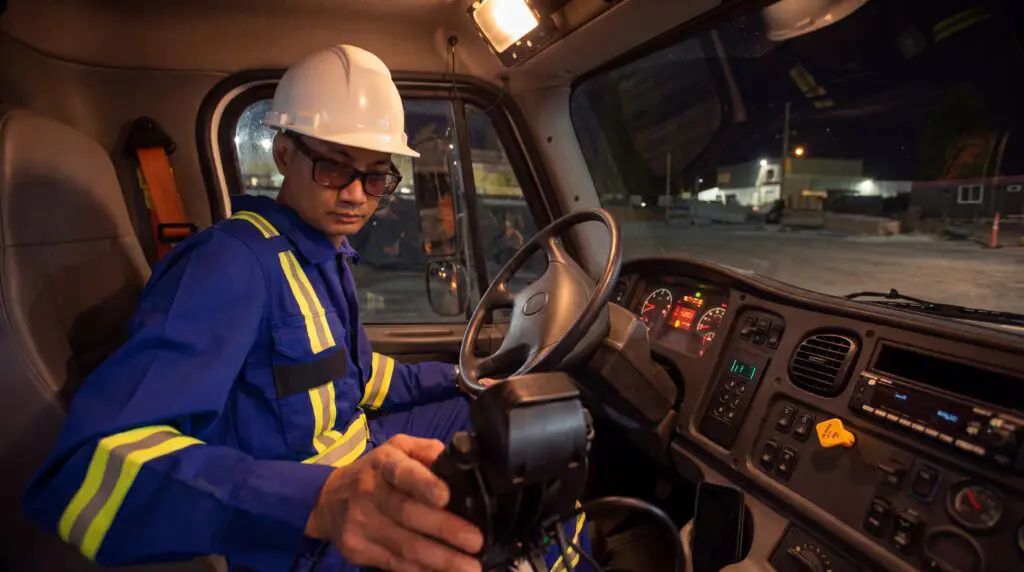 A 4Refuel fuel technician in a blue high-visibility safety coverall and white hard hat seated in the cab of a mobile fuel delivery truck, preparing for an on-site refuelling service call.