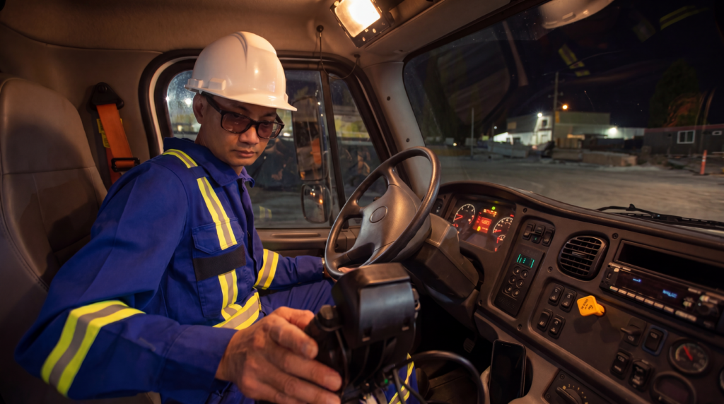 A 4Refuel fuel technician in a blue high-visibility safety coverall and white hard hat seated in the cab of a mobile fuel delivery truck, preparing for an on-site refuelling service call.