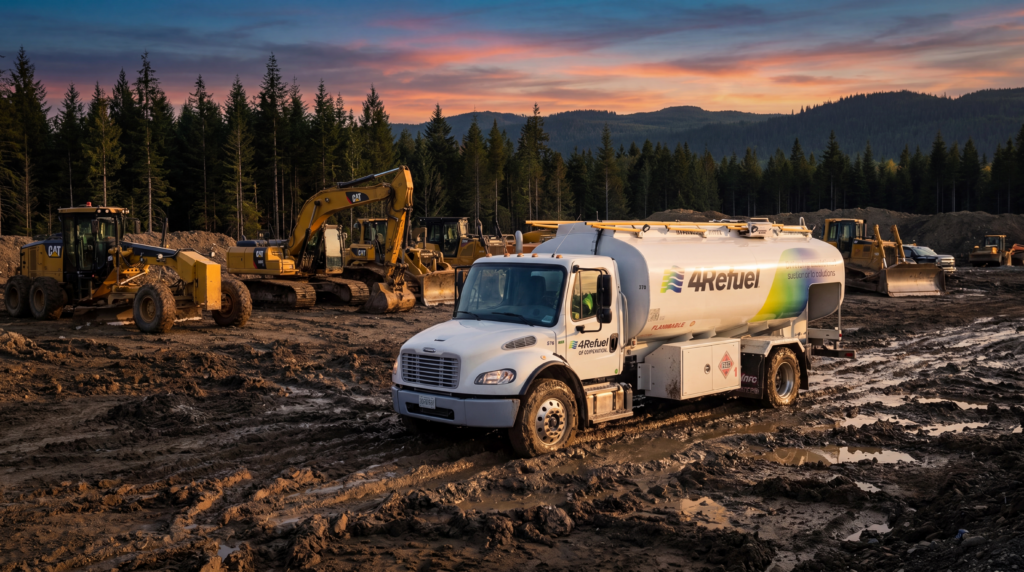 4Refuel mobile on-site refuelling truck servicing heavy construction equipment at a remote job site at dusk, with CAT excavators and bulldozers parked in the background.